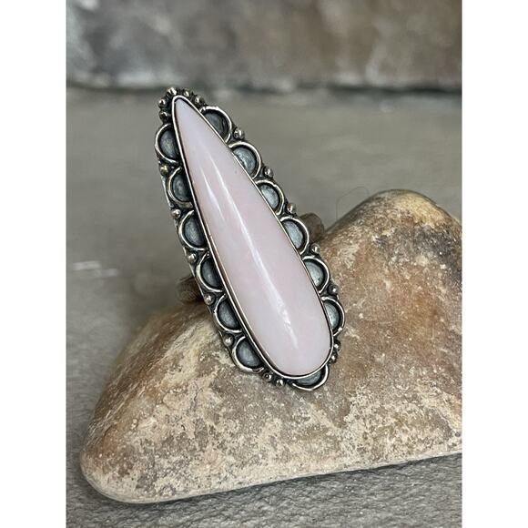 Sterling Silver Pink Opal Statement Ring Long Teardrop Scalloped Bezel Shadowbox - Picture 1 of 8